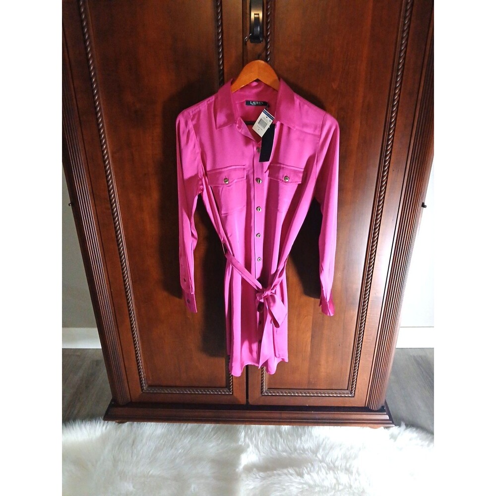 NWT Lauren Ralph Lauren Size 4 Belted Shirtdress 100% Viscose Pink